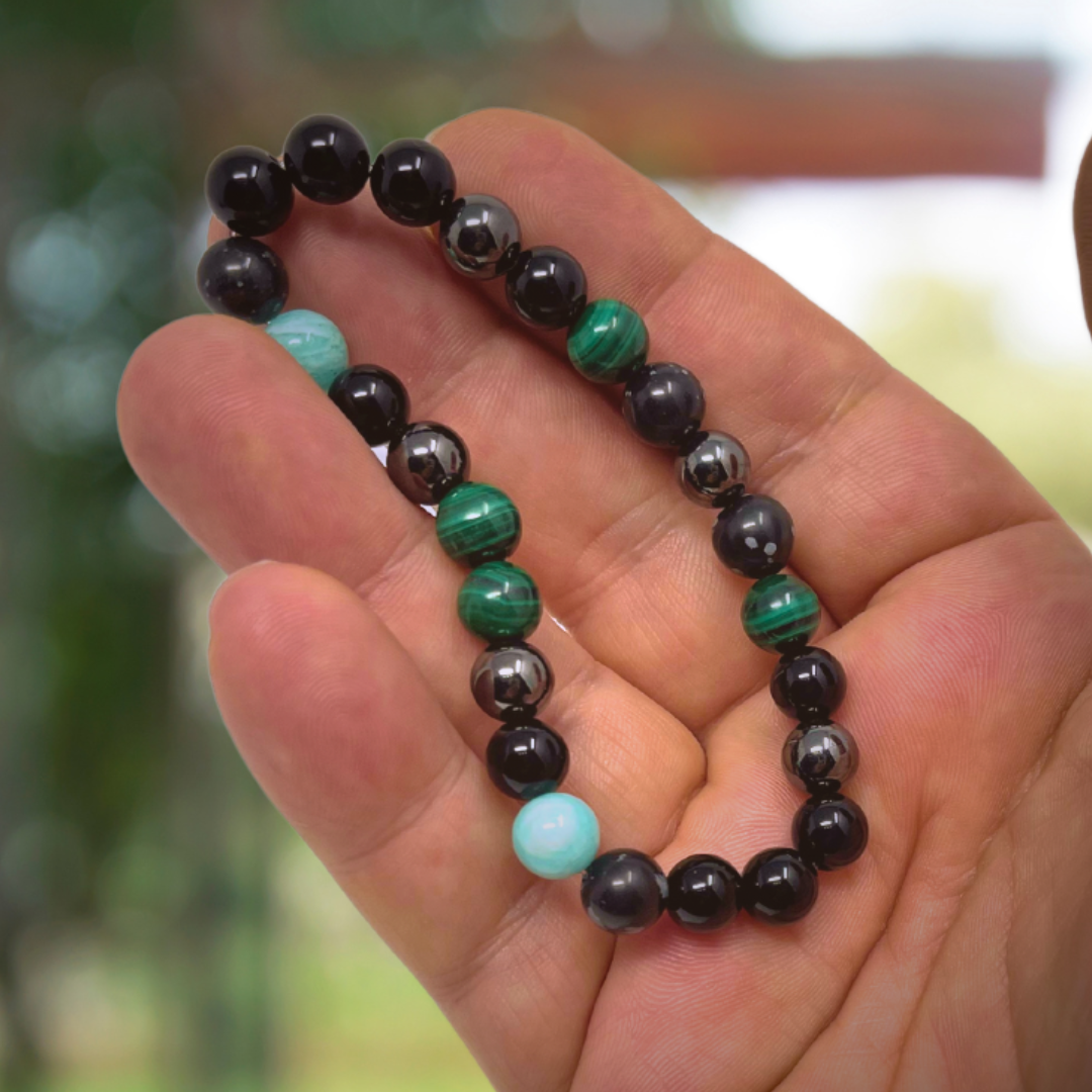 Men's Crystal Power Bead Bracelet - Black Tourmaline, Malachite, Amazonite, Hematite, Snowflake Obsidian- Soul Cafe Gift Box & Tag