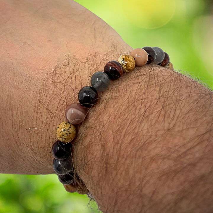 Men's Stretch Power Bead Bracelet - Red Tigers Eye, Moonstone, Garnet, Picture Jasper, Mookaite Gift Box & Tag