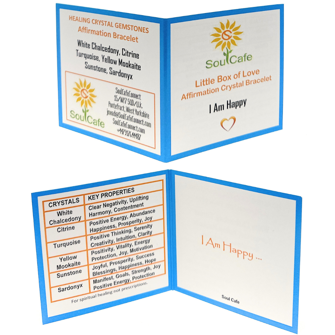 I Am Happy - Affirmation Crystal Gemstone Bead Bracelet - Law of Attraction Crystals - SoulCafe Gift Box and Tag -  S/M/L/XL