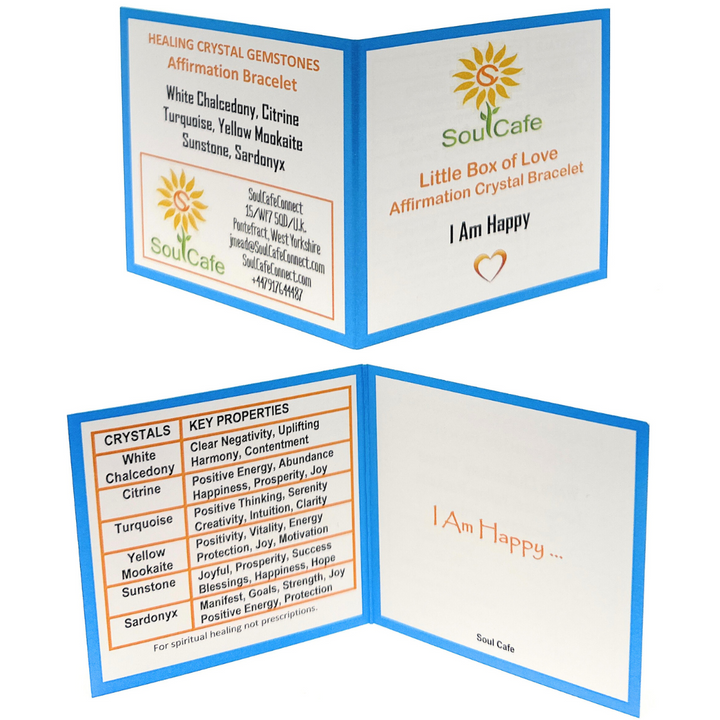 I Am Happy - Affirmation Crystal Gemstone Bead Bracelet - Law of Attraction Crystals - SoulCafe Gift Box and Tag -  S/M/L/XL