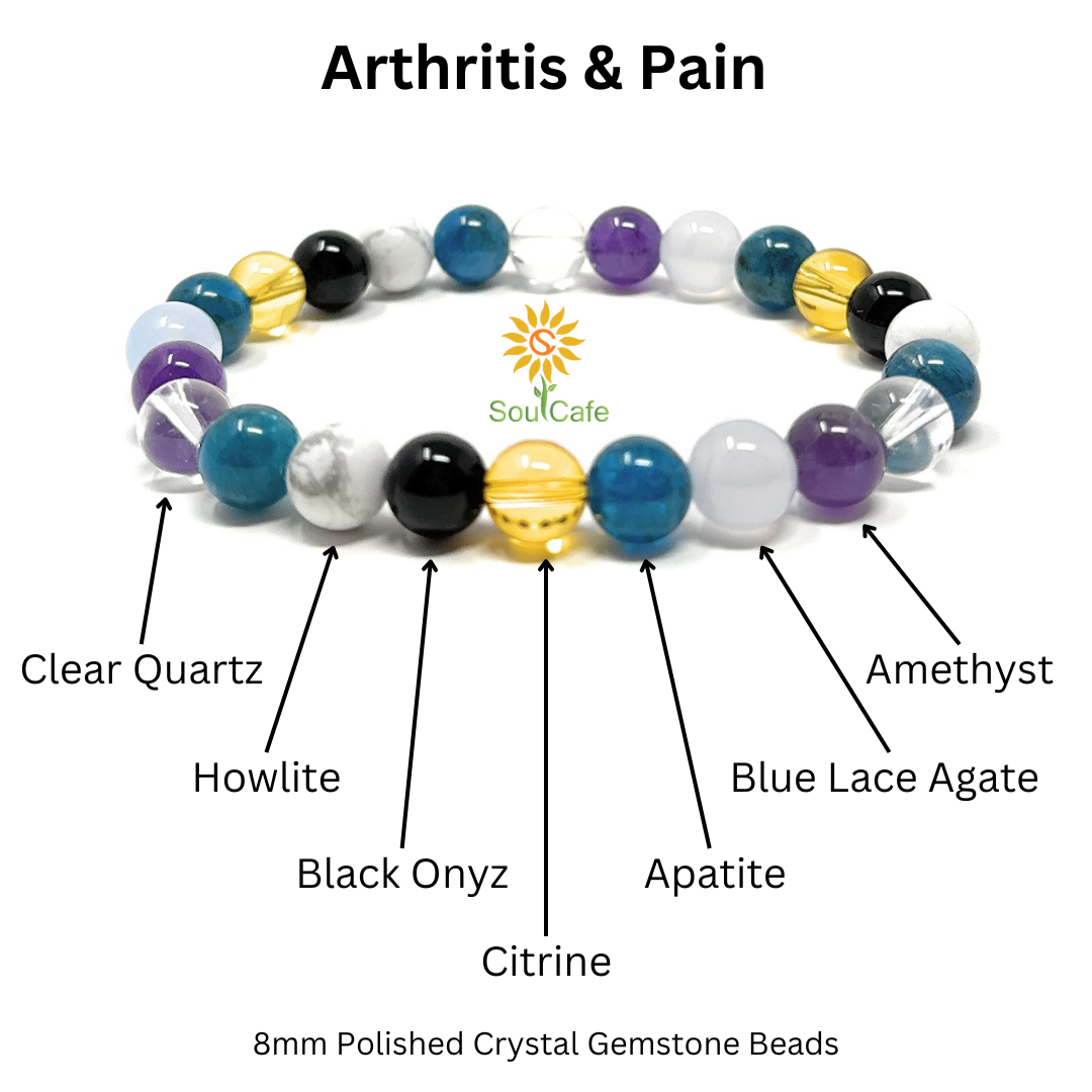 Arthritis and Pain Crystal Gemstone Stretch Bead Bracelet - Soul Cafe Gift Box & Tag, Holistic Crystal Healing
