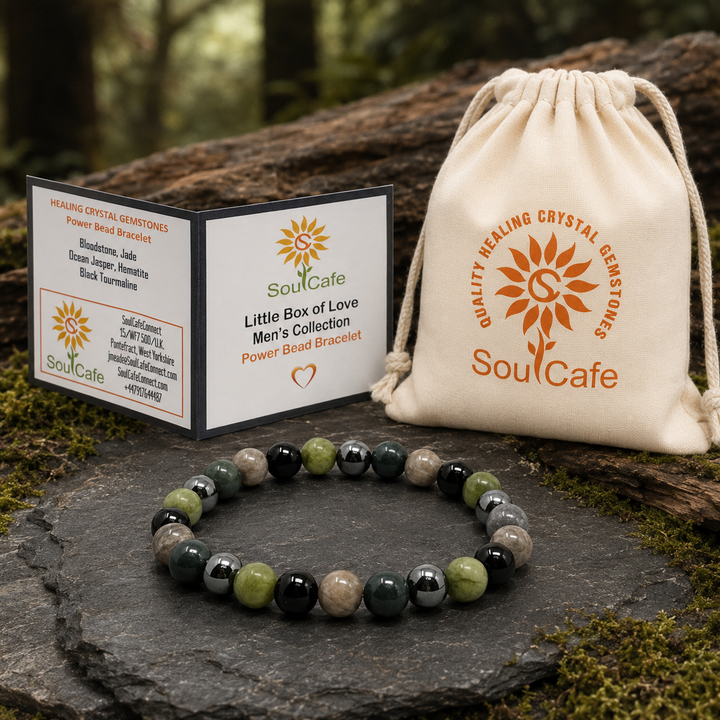 Men's Crystal Gemstone Bead Bracelet - Bloodstone, Jade, Ocean Jasper, Hematite, Black Tourmaline - Gift Box & Tag - XS/S/M/L/XL