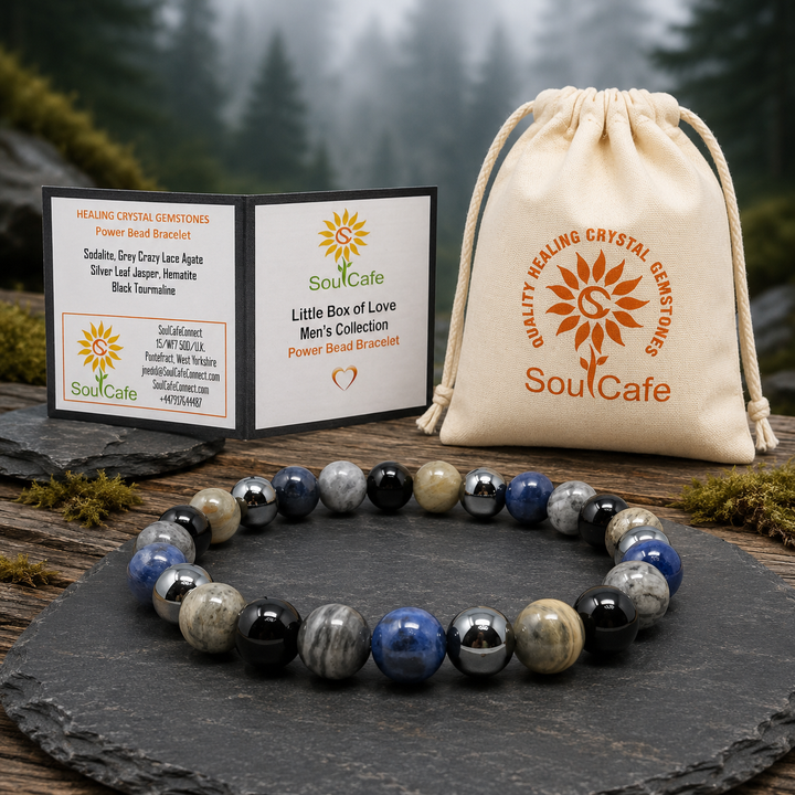 Men's Crystal Gemstone Bead Bracelet - Sodalite, Grey Crazy Lace Agate, Silver Leaf Jasper, Hematite, Tourmaline - Gift Box & Tag - XS/S/M/L/XL
