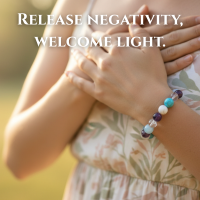 Woman wearing SoulCafe Calm Emotions crystal bracelet with positive energy affirmation
