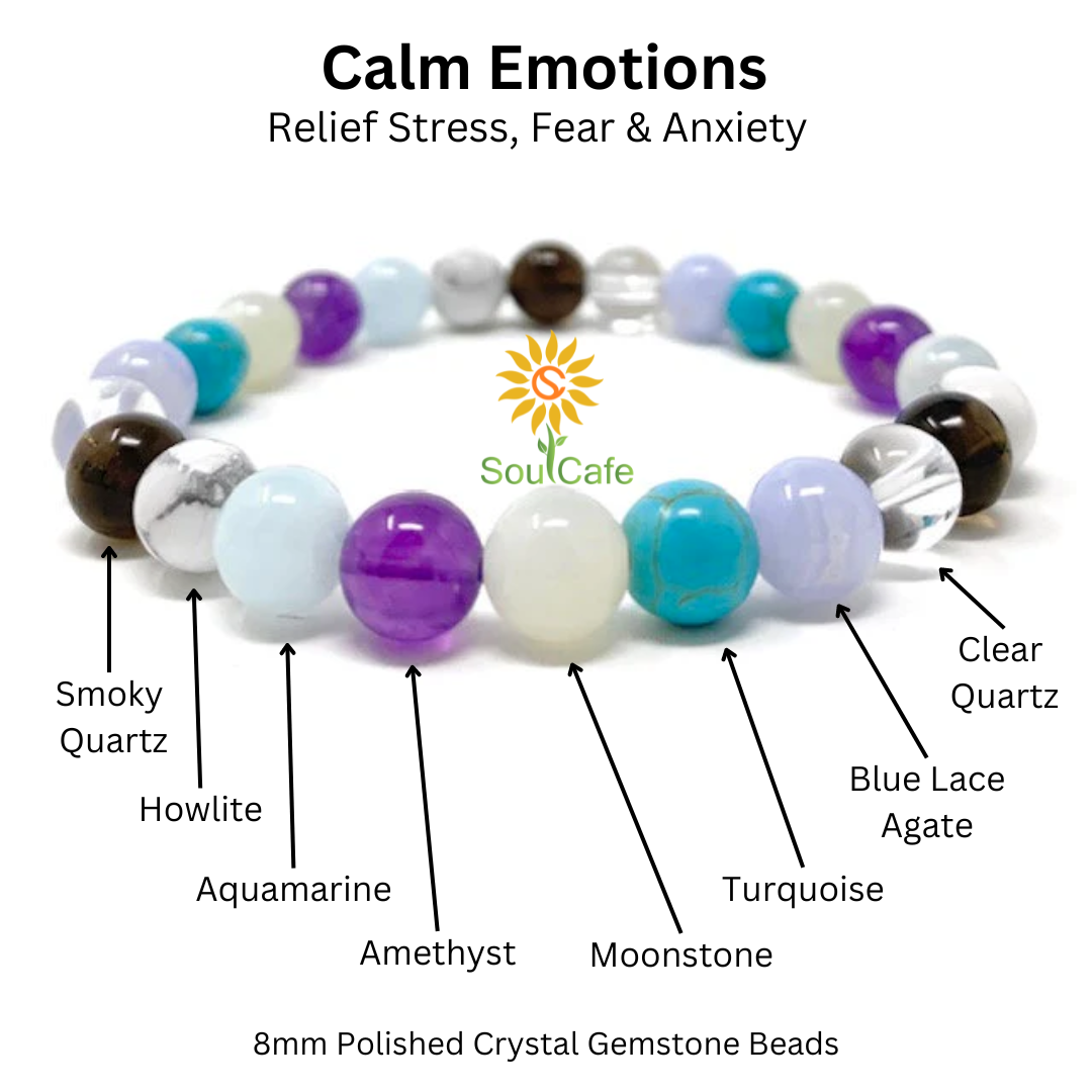 Calm Emotions bracelet gemstone guide showing the eight crystals used in the handmade bracelet