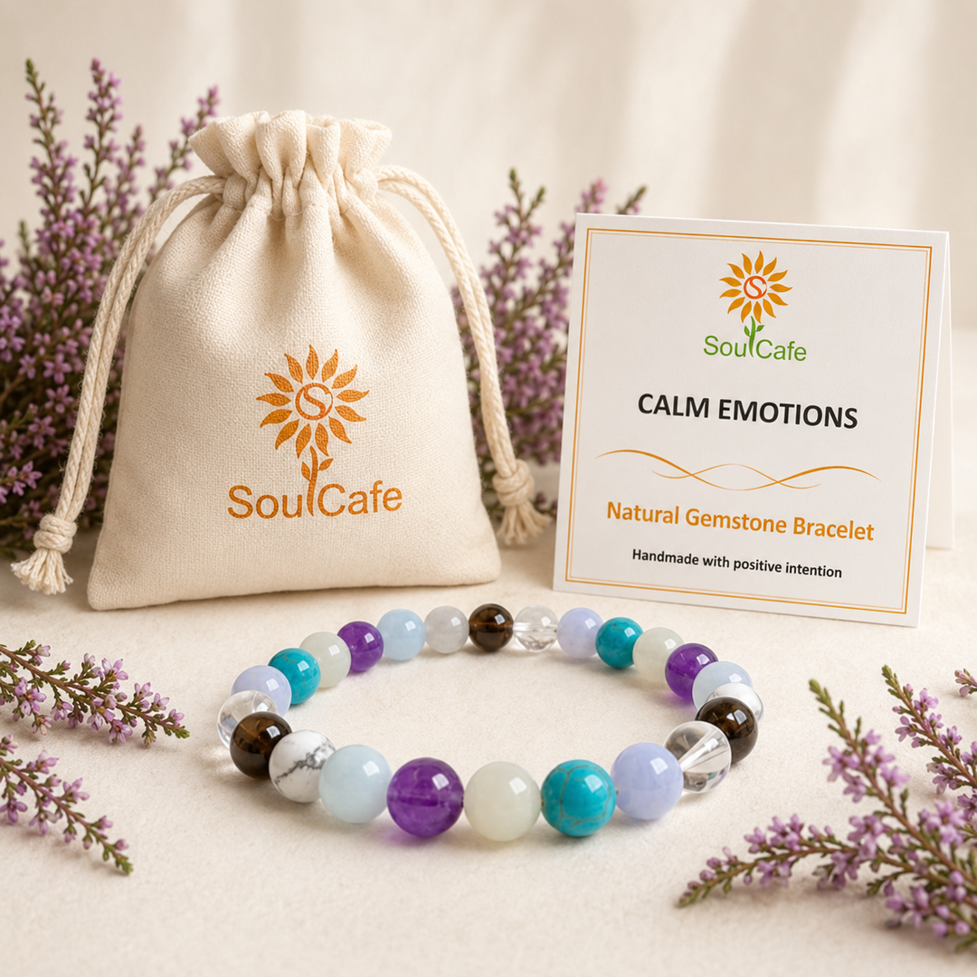 SoulCafe Calm Emotions bracelet with hand printed cotton gift bag and crystal information card