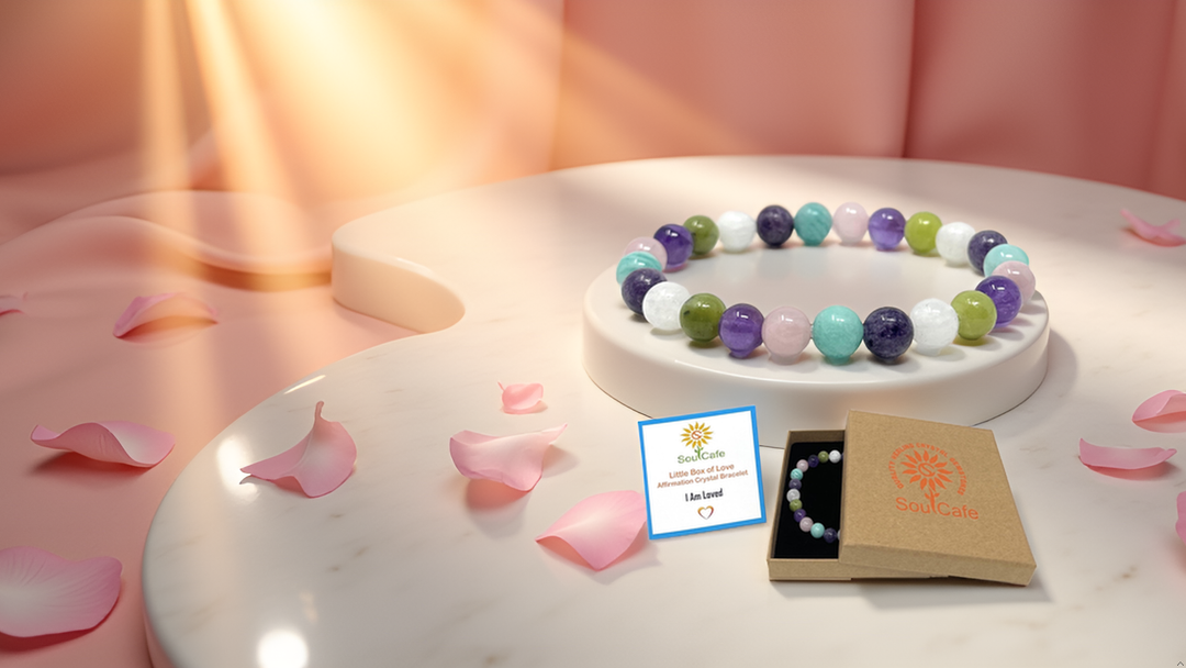 I Am Loved - Affirmation Crystal Gemstone Bead Bracelet - Law of Attraction Crystals - SoulCafe Gift Box and Tag
