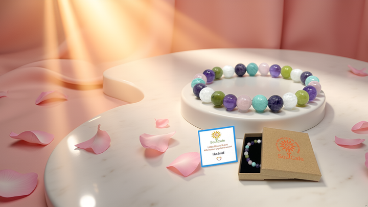 I Am Loved - Affirmation Crystal Gemstone Bead Bracelet - Law of Attraction Crystals - SoulCafe Gift Box and Tag