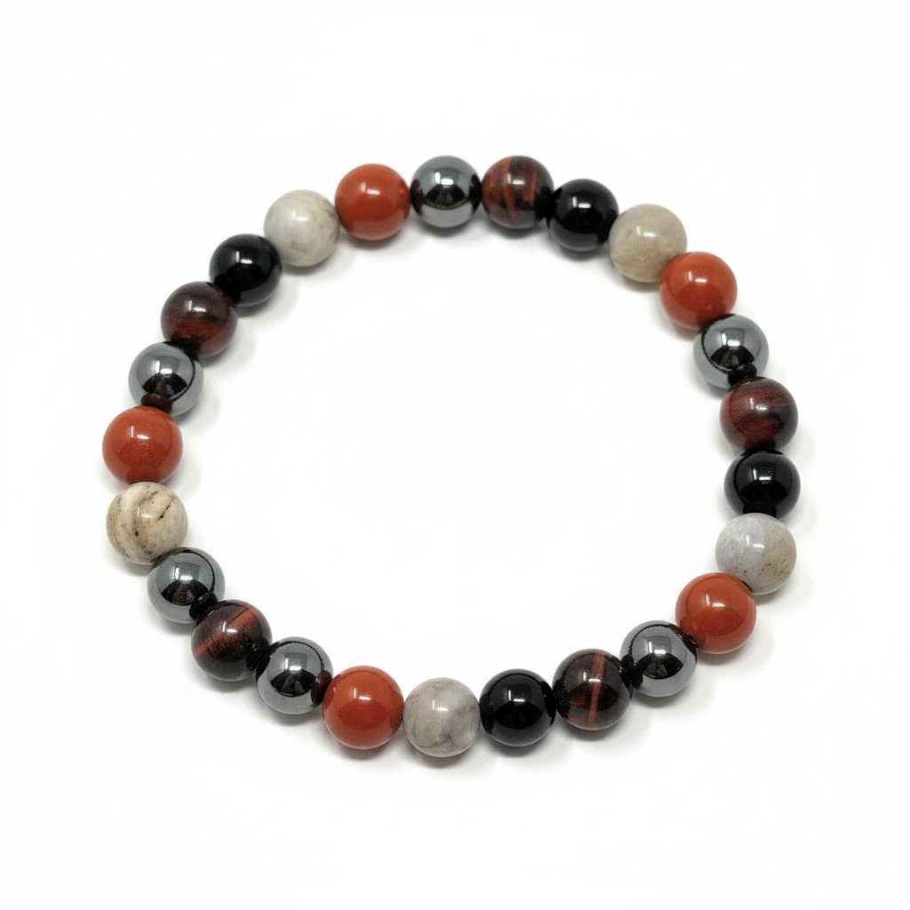 Men's Crystal Gemstone Bead Bracelet - Ocean Jasper, Red Jasper, Red Tigers Eye, Hematite, Black Tourmaline - Gift Box & Tag - XS/S/M/L/XL