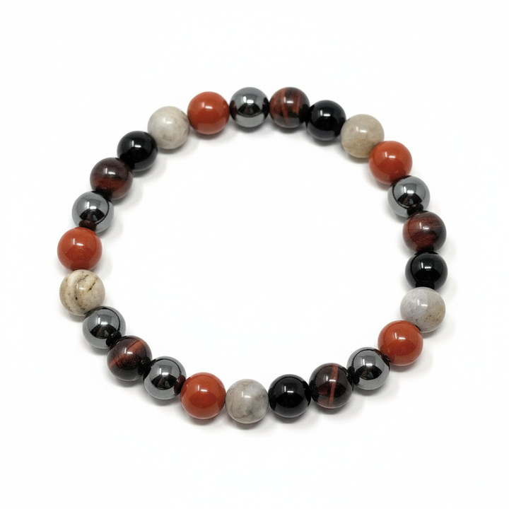 Men's Crystal Gemstone Bead Bracelet - Ocean Jasper, Red Jasper, Red Tigers Eye, Hematite, Black Tourmaline - Gift Box & Tag - XS/S/M/L/XL