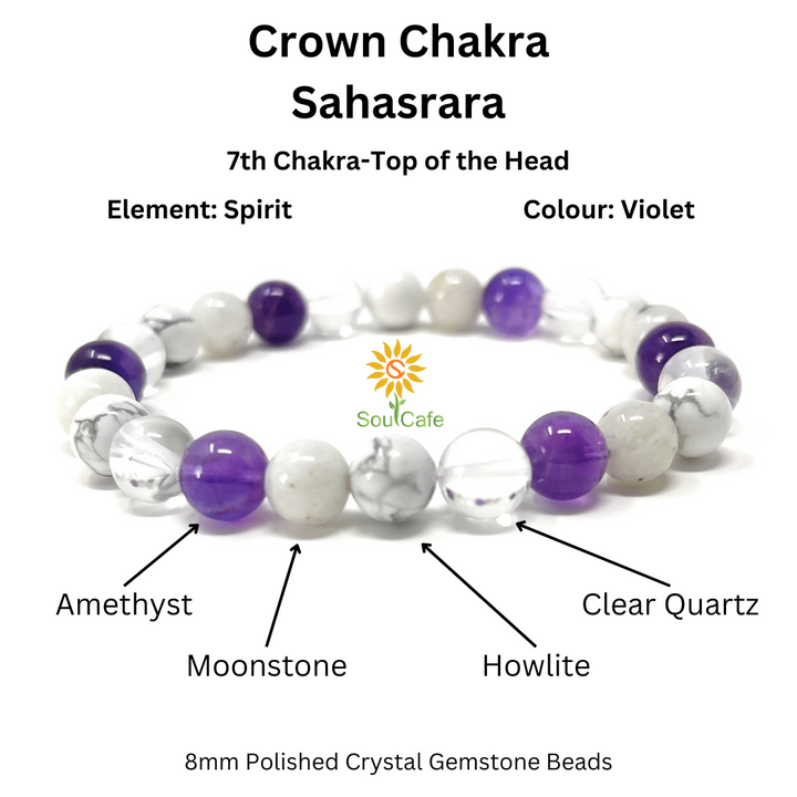 Soulcafe Crown Chakra Crystal Bead Bracelet with Gemstones for Spiritual Connection, Wellness, Reiki, Meditation & Affirmation's Gift Box & Crystal Meaning Information Tag