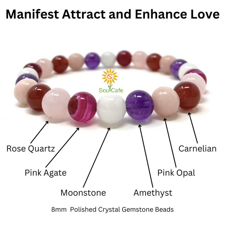 Manifest Enhance & Attract Love Crystal Gemstone Stretch Bead Bracelet  -  Soul Cafe Gift Box & Crystal Properties Infomation Card