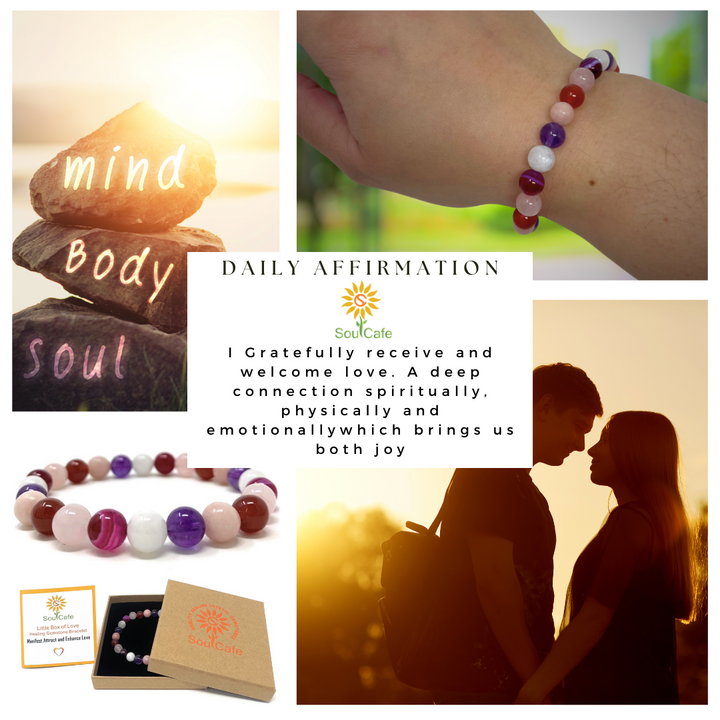 Manifest Enhance & Attract Love Crystal Gemstone Stretch Bead Bracelet  -  Soul Cafe Gift Box & Crystal Properties Infomation Card
