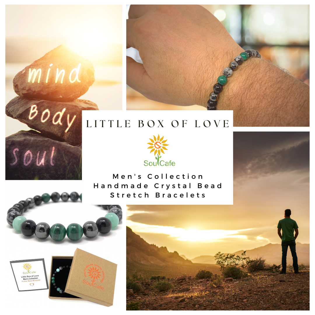 Men's Crystal Power Bead Bracelet - Black Tourmaline, Malachite, Amazonite, Hematite, Snowflake Obsidian- Soul Cafe Gift Box & Tag