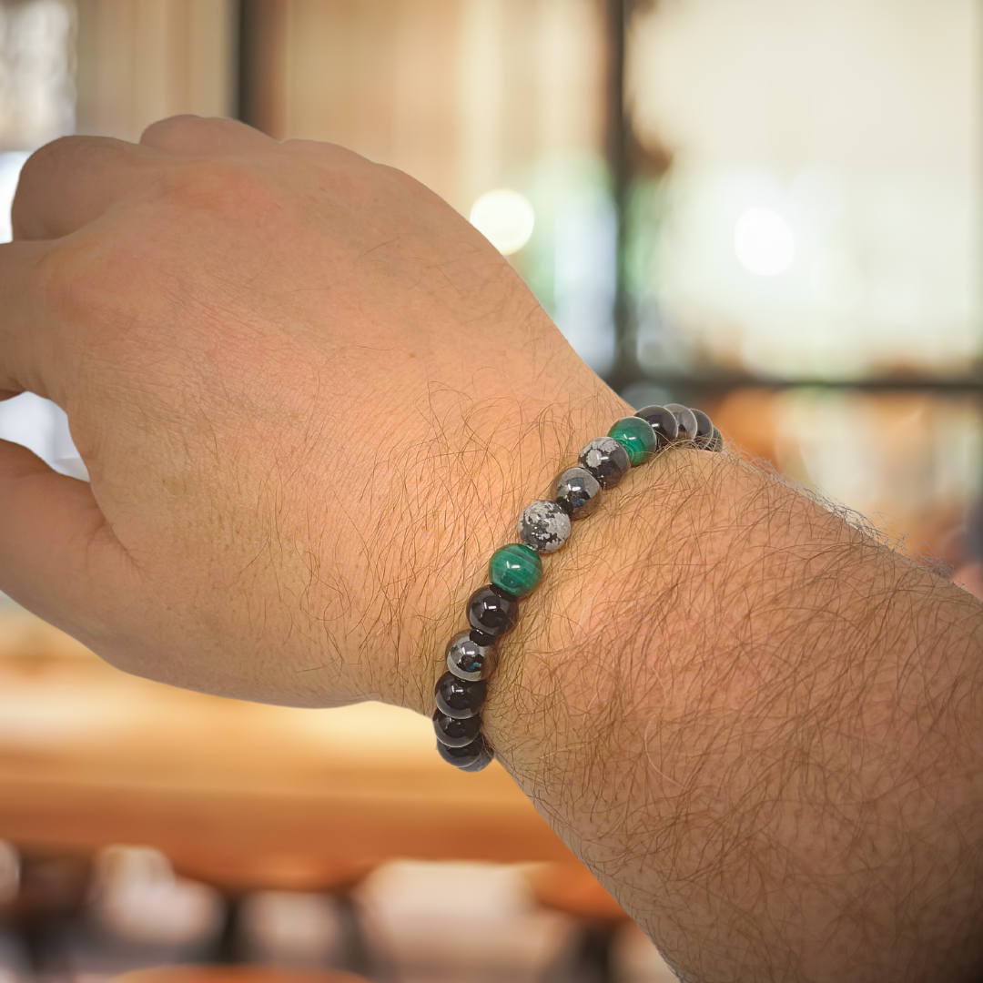 Men's Crystal Power Bead Bracelet - Black Tourmaline, Malachite, Amazonite, Hematite, Snowflake Obsidian- Soul Cafe Gift Box & Tag