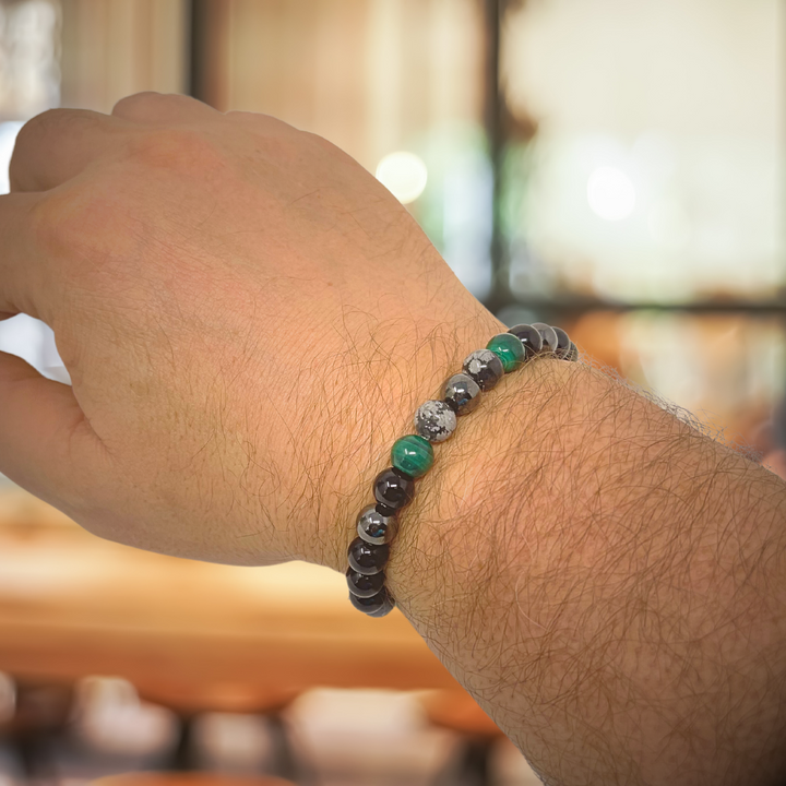 Men's Crystal Power Bead Bracelet - Black Tourmaline, Malachite, Amazonite, Hematite, Snowflake Obsidian- Soul Cafe Gift Box & Tag