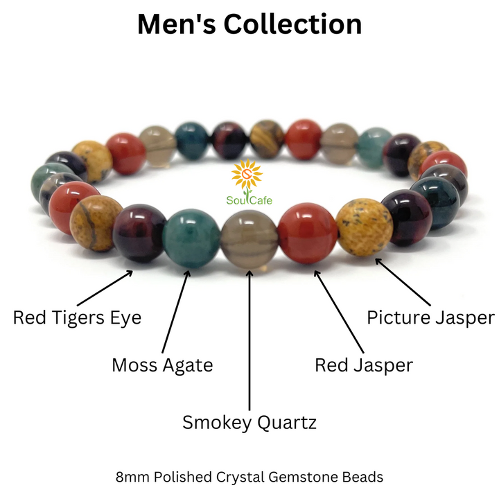 Men's Crystal Bead Stretch Bracelet -Protection, Positivity, Confidence & Success - Moss Agate, Picture Jasper, Smoky Quartz, Red Jasper, Red Tigers Eye - Soul Cafe Gift Box & Tag