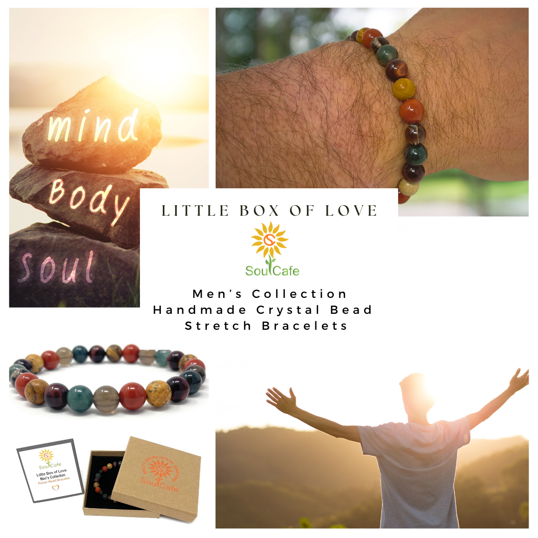 Men's Crystal Bead Stretch Bracelet -Protection, Positivity, Confidence & Success - Moss Agate, Picture Jasper, Smoky Quartz, Red Jasper, Red Tigers Eye - Soul Cafe Gift Box & Tag