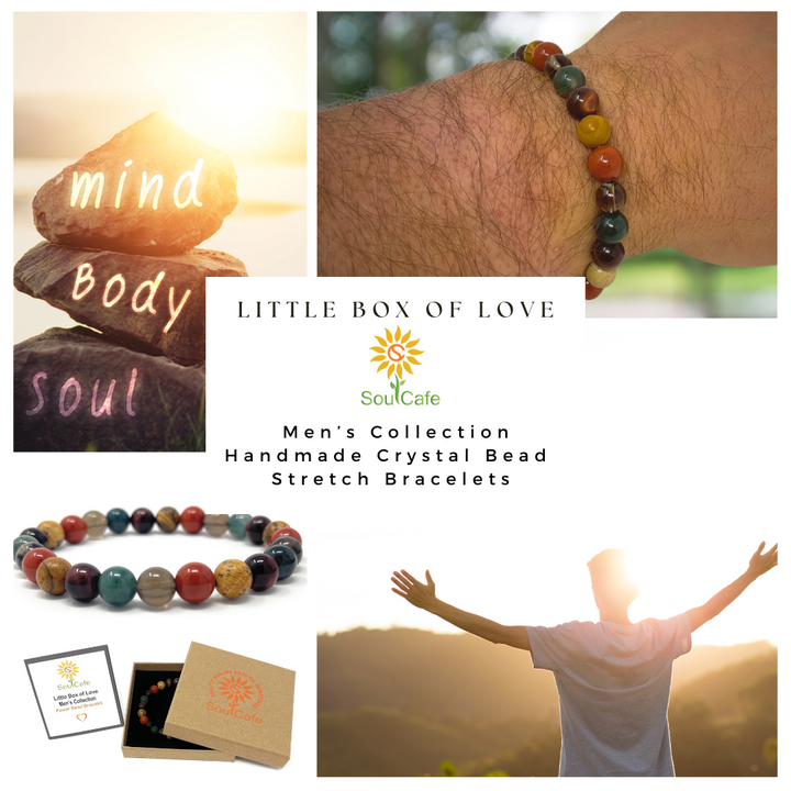 Men's Crystal Bead Stretch Bracelet -Protection, Positivity, Confidence & Success - Moss Agate, Picture Jasper, Smoky Quartz, Red Jasper, Red Tigers Eye - Soul Cafe Gift Box & Tag