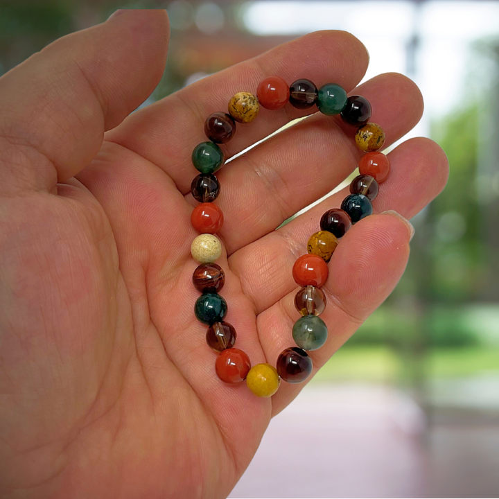 Men's Crystal Bead Stretch Bracelet -Protection, Positivity, Confidence & Success - Moss Agate, Picture Jasper, Smoky Quartz, Red Jasper, Red Tigers Eye - Soul Cafe Gift Box & Tag