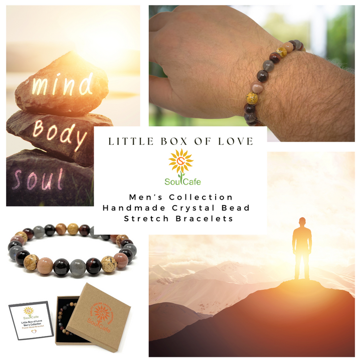 Men's Stretch Power Bead Bracelet - Red Tigers Eye, Moonstone, Garnet, Picture Jasper, Mookaite Gift Box & Tag