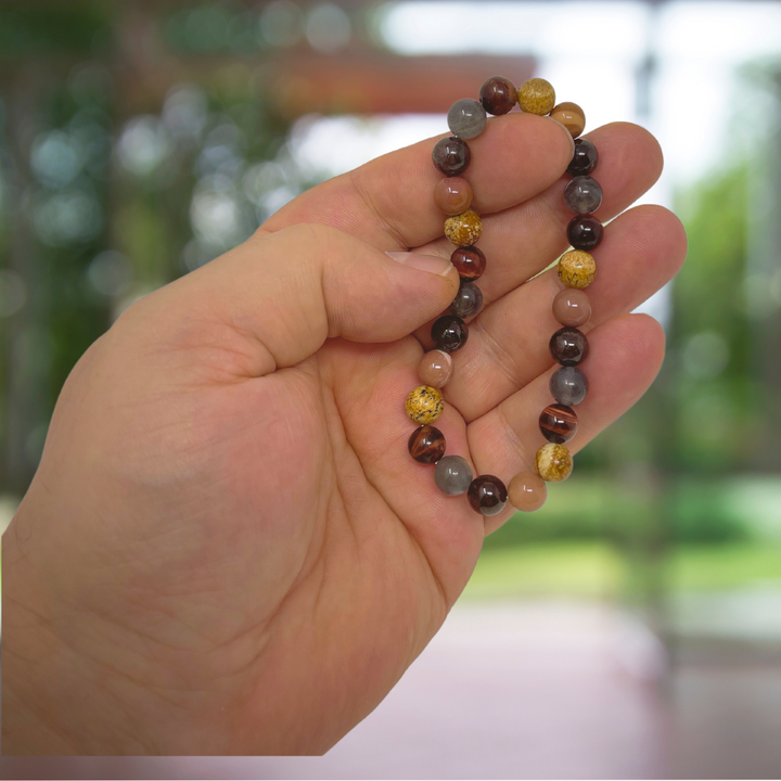 Men's Stretch Power Bead Bracelet - Red Tigers Eye, Moonstone, Garnet, Picture Jasper, Mookaite Gift Box & Tag