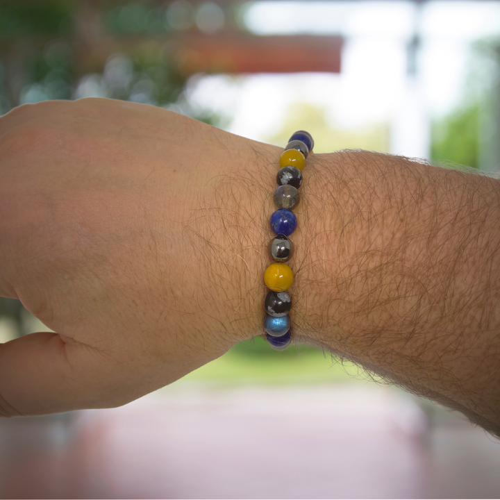 Men's Power Bead Bracelet - Labradorite, Lapis Lazuli, Yellow Jasper, Snowflake Obsidian, Hematite - Soul Cafe Gift Box & Tag
