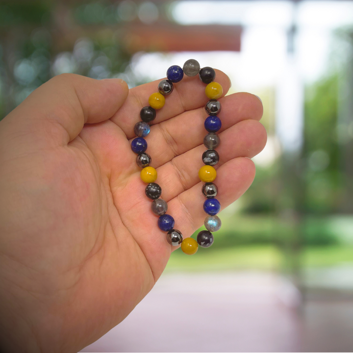 Men's Power Bead Bracelet - Labradorite, Lapis Lazuli, Yellow Jasper, Snowflake Obsidian, Hematite - Soul Cafe Gift Box & Tag