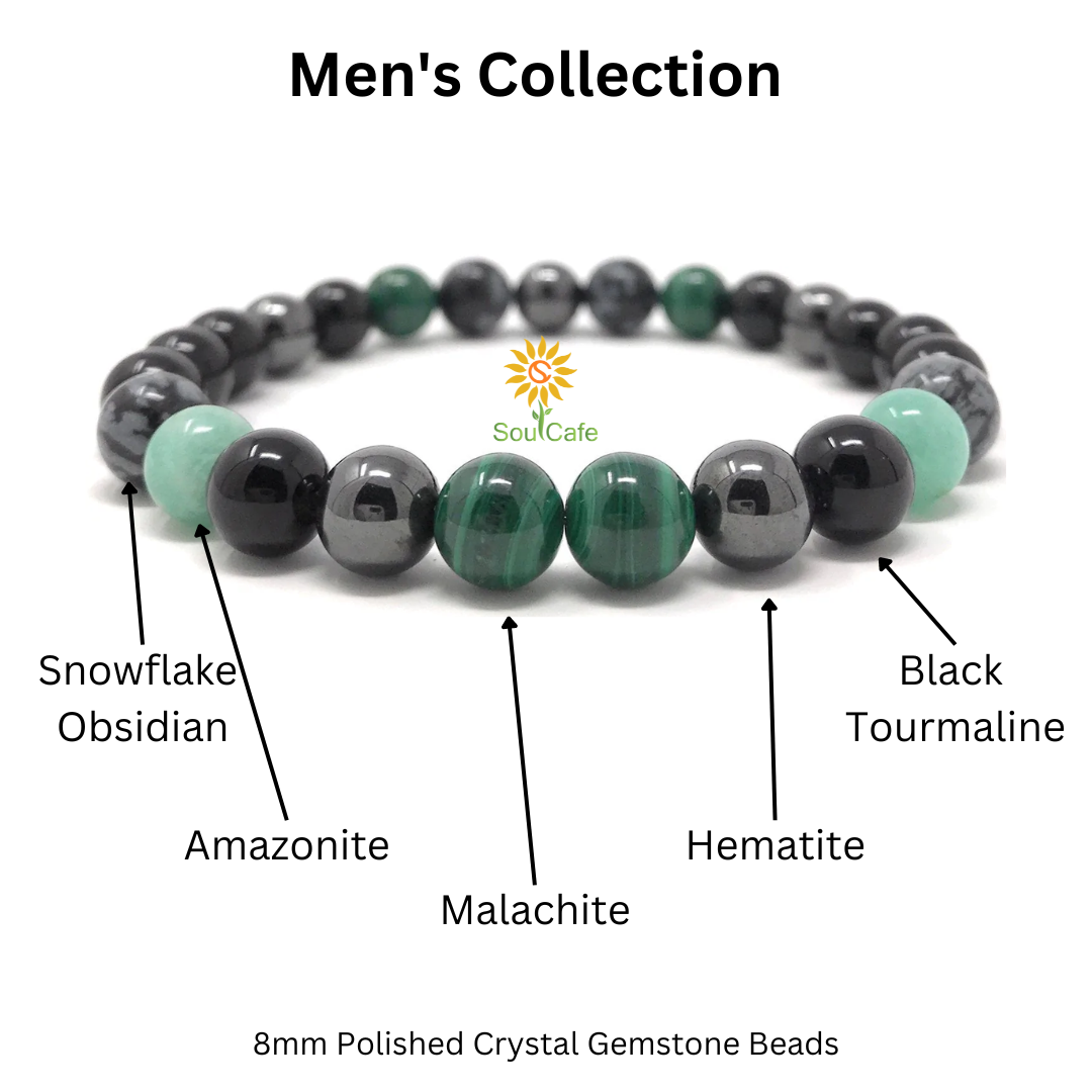 Men's Crystal Power Bead Bracelet - Black Tourmaline, Malachite, Amazonite, Hematite, Snowflake Obsidian- Soul Cafe Gift Box & Tag