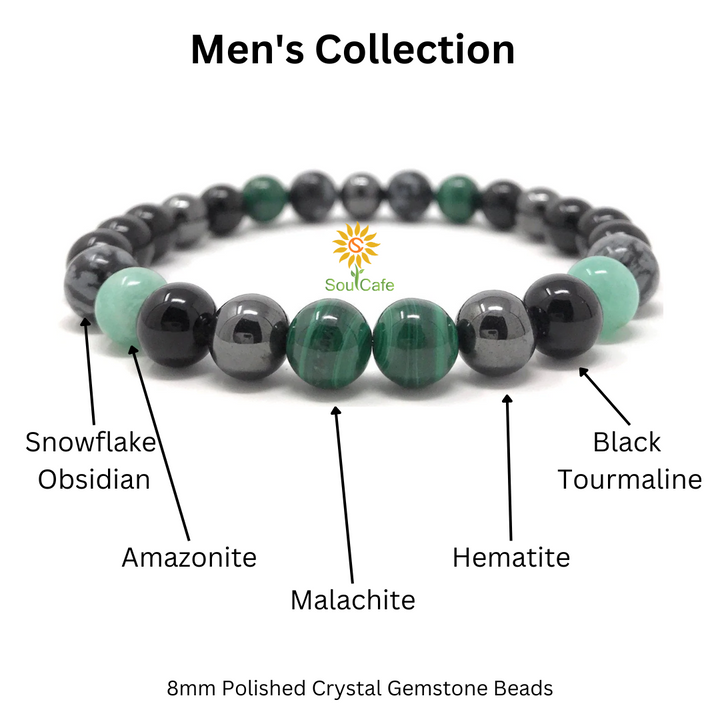 Men's Crystal Power Bead Bracelet - Black Tourmaline, Malachite, Amazonite, Hematite, Snowflake Obsidian- Soul Cafe Gift Box & Tag