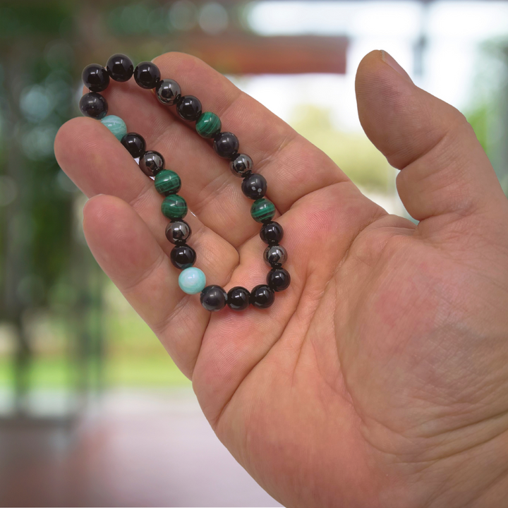 Men's Crystal Power Bead Bracelet - Black Tourmaline, Malachite, Amazonite, Hematite, Snowflake Obsidian- Soul Cafe Gift Box & Tag