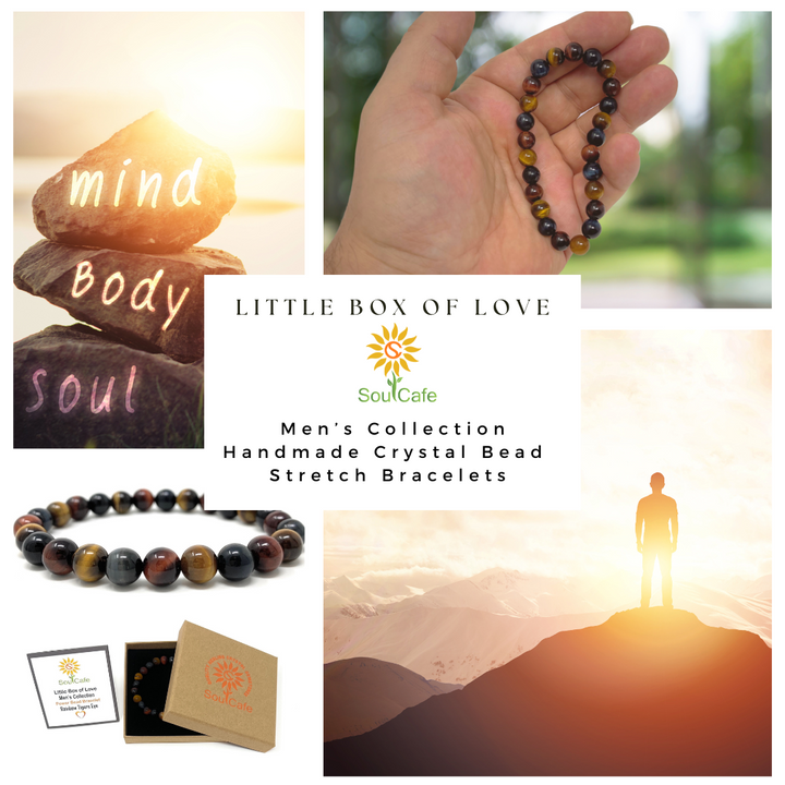 Men's Rainbow Tigers Eye Crystal Gemstone Power Bead Stretch Bracelet - Soul Cafe Gift Box & Crystal Meaning Card