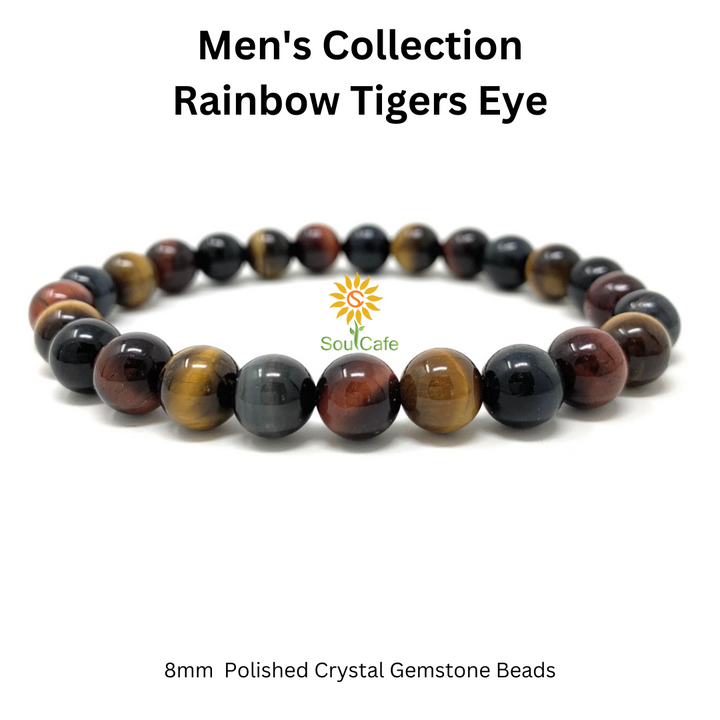 Men's Rainbow Tigers Eye Crystal Gemstone Power Bead Stretch Bracelet - Soul Cafe Gift Box & Crystal Meaning Card