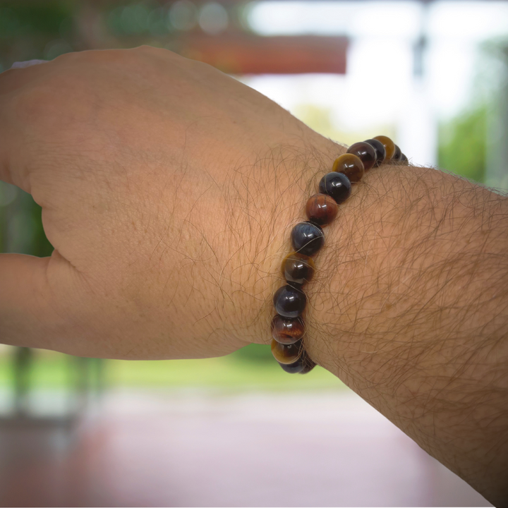 Men's Rainbow Tigers Eye Crystal Gemstone Power Bead Stretch Bracelet - Soul Cafe Gift Box & Crystal Meaning Card