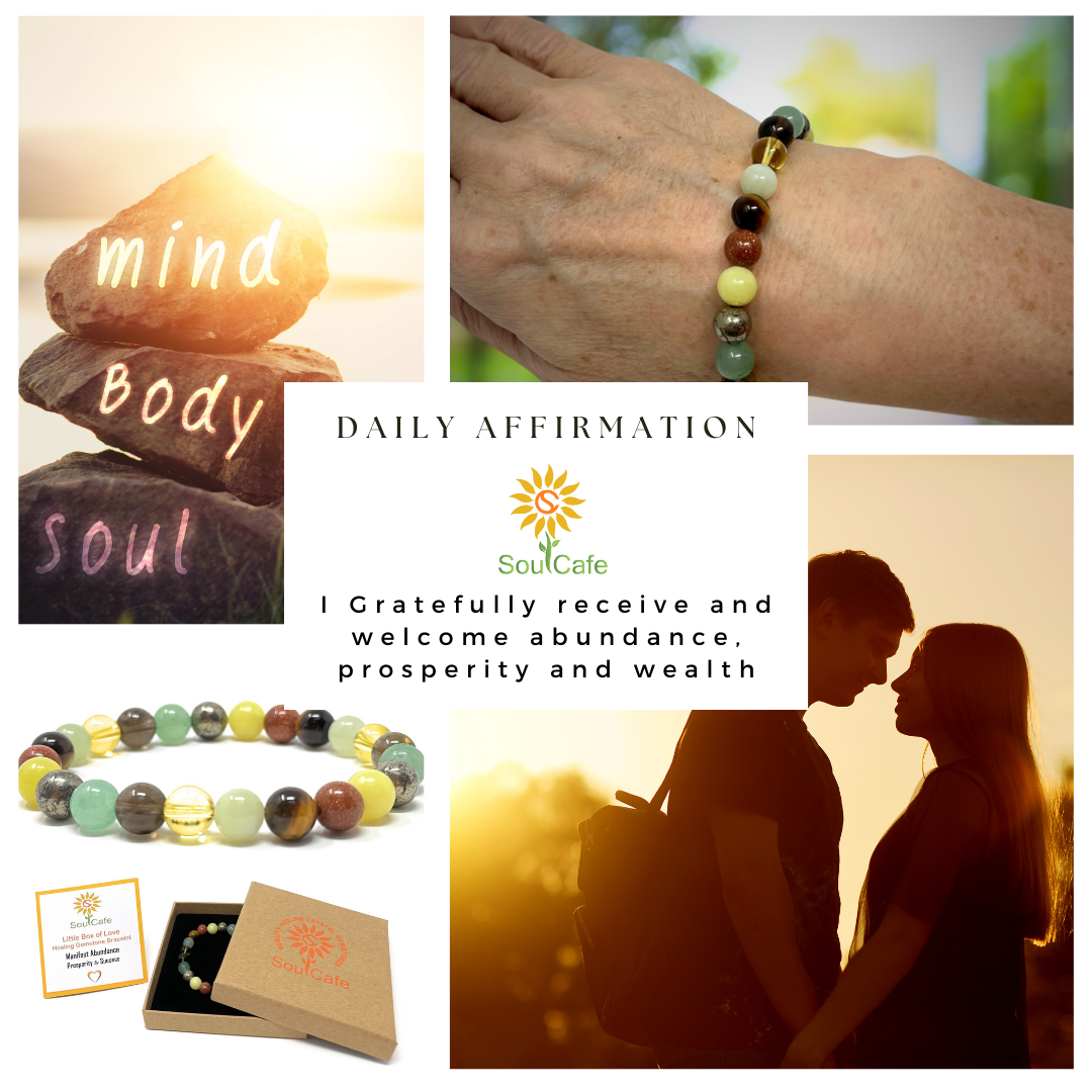 Manifesting Abundance Crystal Gemstone Stretch Bead Bracelet for Holistic Support - Prosperity Bracelet - Soul Cafe Gift Box & Tag