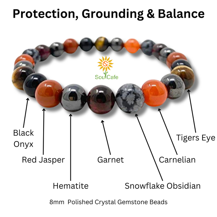 Protection & Grounding Bracelet - Stretch Crystal Gemstone Bracelet - Soul Cafe Gift Box & Information Tag - Grounding Bracelet