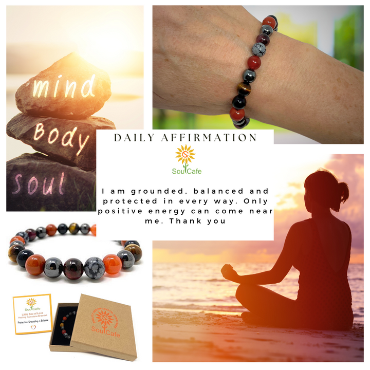Protection & Grounding Bracelet - Stretch Crystal Gemstone Bracelet - Soul Cafe Gift Box & Information Tag - Grounding Bracelet