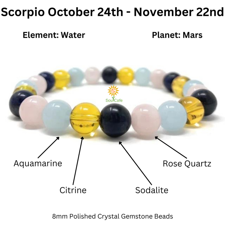 Scorpio Crystal Bracelet - Power Bracelet - Zodiac Birthstones - Gift Box & Scorpio Tag - Citrine, Sodalite, Rose Quartz, Aquamarine