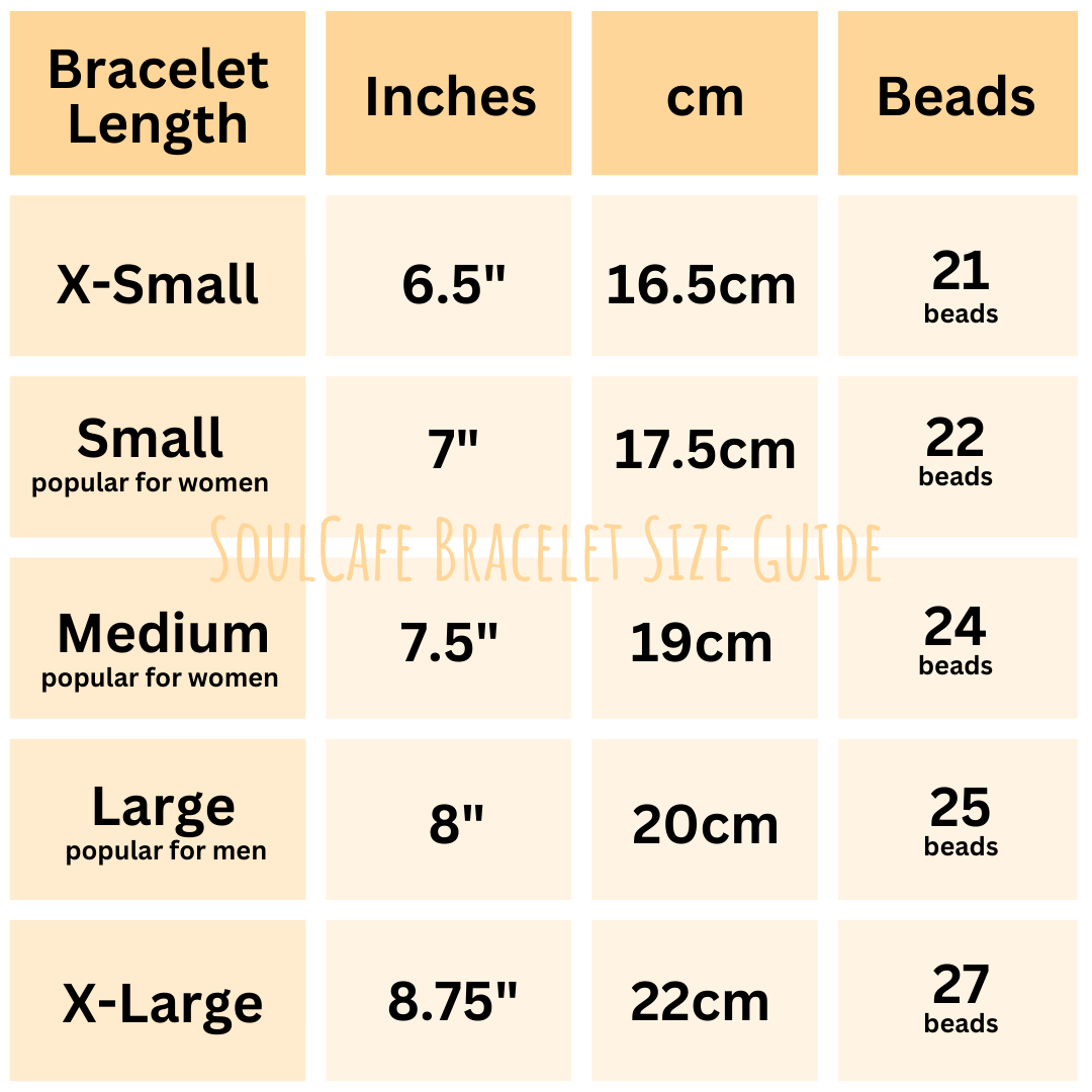SoulCafe crystal bracelet size chart showing XS, Small, Medium, Large and XL measurements