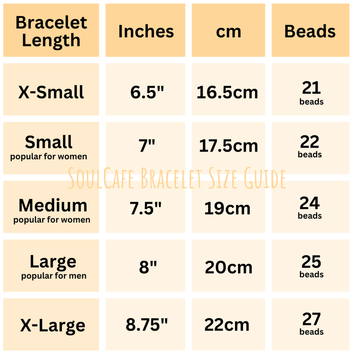 SoulCafe crystal bracelet size chart showing XS, Small, Medium, Large and XL measurements