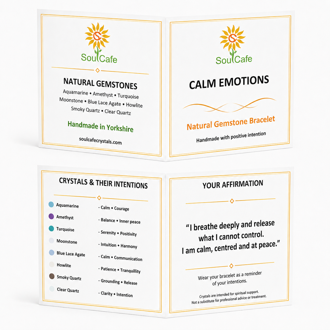SoulCafe crystal information cards supplied with handmade gemstone bracelets