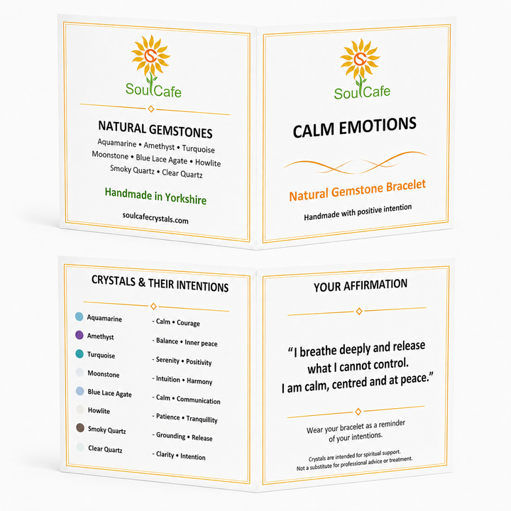 SoulCafe crystal information cards supplied with handmade gemstone bracelets
