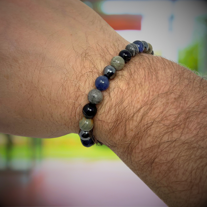 Men's Crystal Gemstone Bead Bracelet - Sodalite, Grey Crazy Lace Agate, Silver Leaf Jasper, Hematite, Tourmaline - Gift Box & Tag - S/M/L/XL