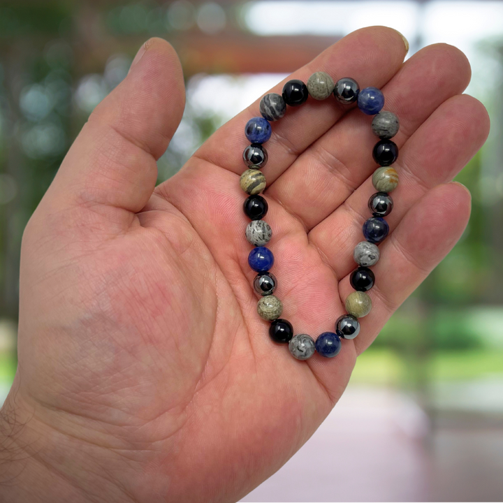 Men's Crystal Gemstone Bead Bracelet - Sodalite, Grey Crazy Lace Agate, Silver Leaf Jasper, Hematite, Tourmaline - Gift Box & Tag - S/M/L/XL