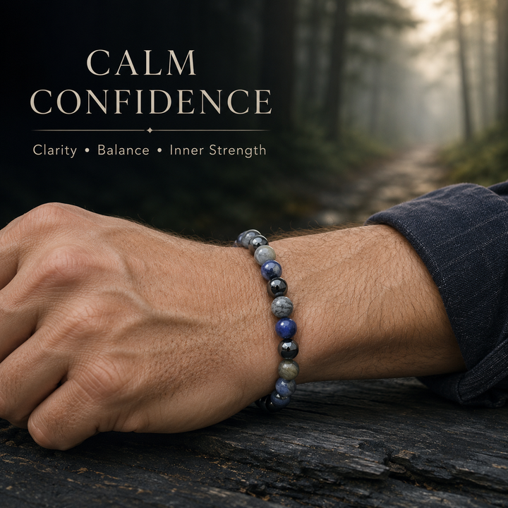 Men's Crystal Gemstone Bead Bracelet - Sodalite, Grey Crazy Lace Agate, Silver Leaf Jasper, Hematite, Tourmaline - Gift Box & Tag - XS/S/M/L/XL