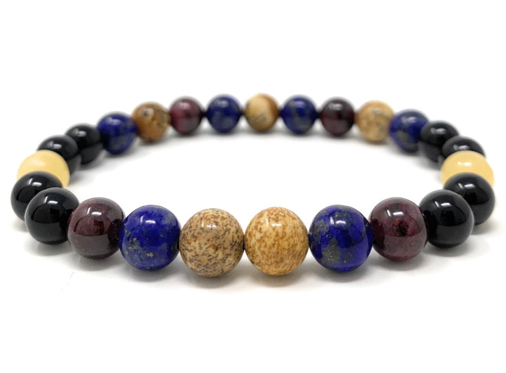 Men's Power Bead Bracelet - Lapis Lazuli, Garnet, Yellow Jade, Picture Jasper, Black Onyx- Soul Cafe Gift Box & Tag